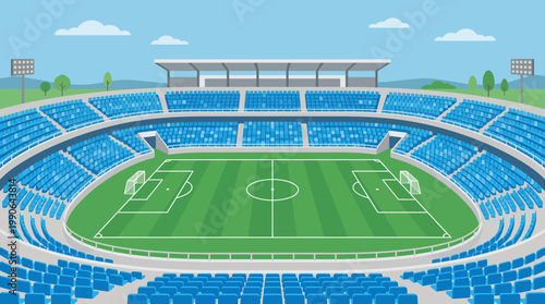 A large soccer stadium with blue seats.