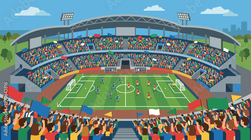 A vibrant illustration of a soccer stadium filled with spectators on a sunny day.