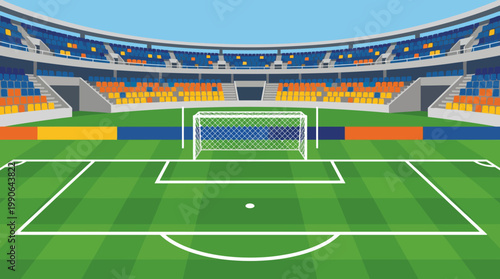 A vibrant cartoon soccer stadium with green field.