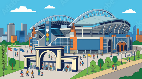 A large blue and orange sports stadium with people walking around outside.