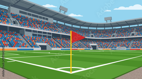 a green soccer field with a red flag.