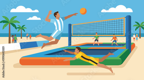 People playing inflatable volleyball on beach.