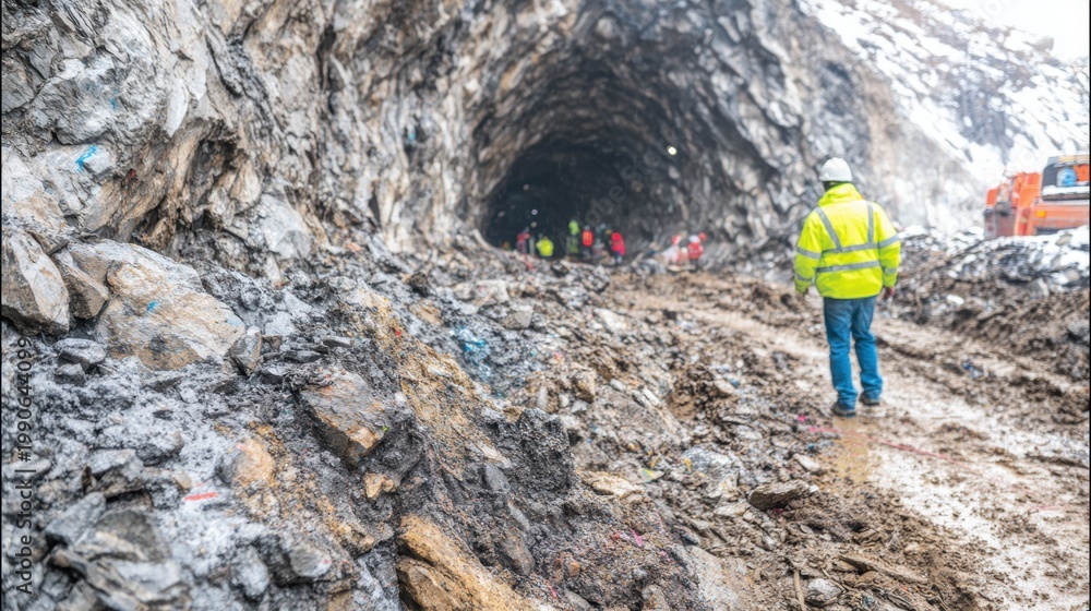 Fototapeta premium Workers ready rocks and soil by a mountain tunnel entrance