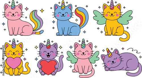 Cartoon retail store and shop facade collection featuring a popcorn cart gift box and colorful storefronts with striped awnings for small business and commercial street flat vector illustration