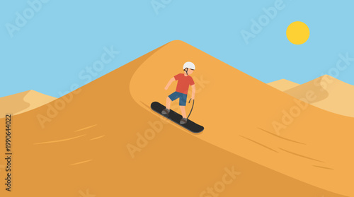Man sandboarding down a dune hill.