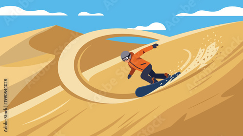 Man riding a snowboard on sand dunes.