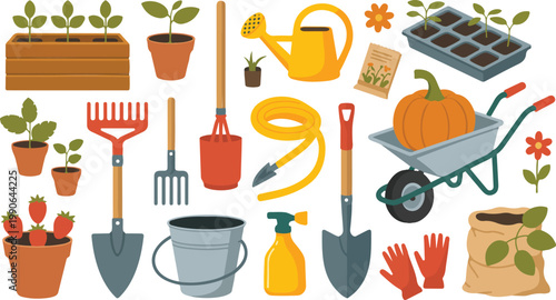 Large collection of garden tools and equipment with wheelbarrow pumpkin watering can seedlings and plants for agriculture landscaping and spring gardening flat vector illustration set