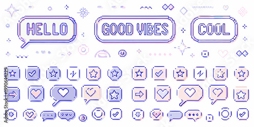 Colorful pixel art with positive messages and decorative icons