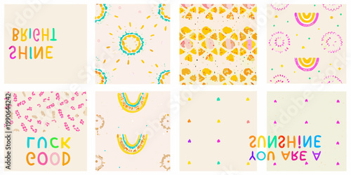Colorful patterned cards with sunshine rainbows and positive messaging