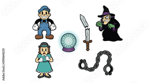 Classic Toon Fantasy Adventure Kit: Witch, Hero, Scared Woman, Magic Ball, Broken Sword, Shackle