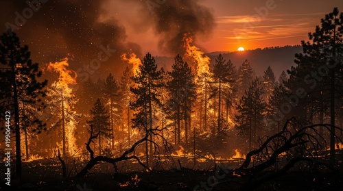 A fierce forest wildfire burns pine trees at sunset, sending smoke and embers into the sky amid a dark, smoky atmosphere.