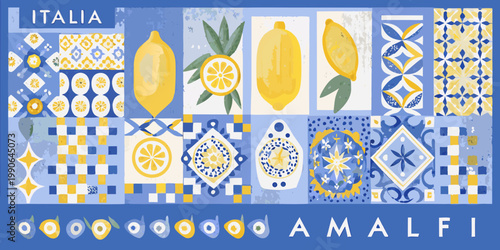 A vibrant artistic composition featuring lemons and italian tile patterns