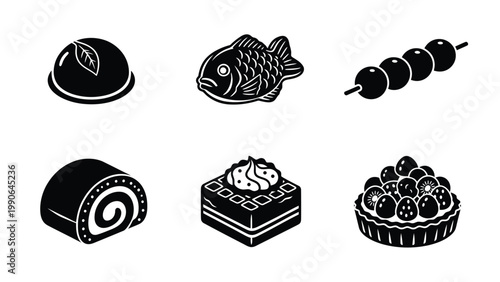 Japanese and Western Dessert Icons. Taiyaki, Dango, Mochi, Cake Roll, Berry Tart & Pastry Slice. Sweet Treats Vector Set