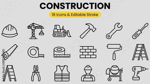 A collection of sixteen diverse construction and renovation themed icons presented as line art illustrations on a light grey background