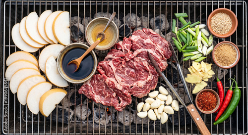 Hyper-realistic top view of Bulgogi ingredients on metal barbecue grill grate