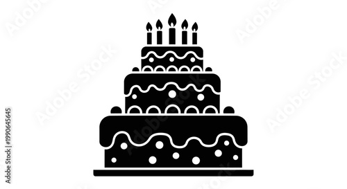 A delightful black and white illustration of a birthday cake with candles