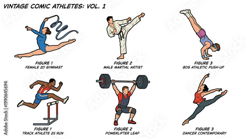 Retro Comic Style Athletes Collection. Vintage Cartoon Sports Figures: Gymnast, Martial Artist, Runner, Powerlifter, Dancer in Action.