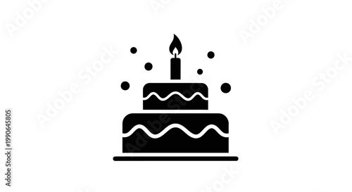 A simple, elegant black and white illustration of a birthday cake with a lit candle, representing celebration and joy. The cake is adorned with elegant detail, and surrounded by playful dots