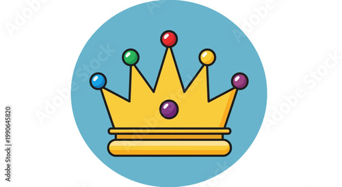 A golden crown adorned with colorful jewels, set against a blue circle. The crown features bright gems on each point