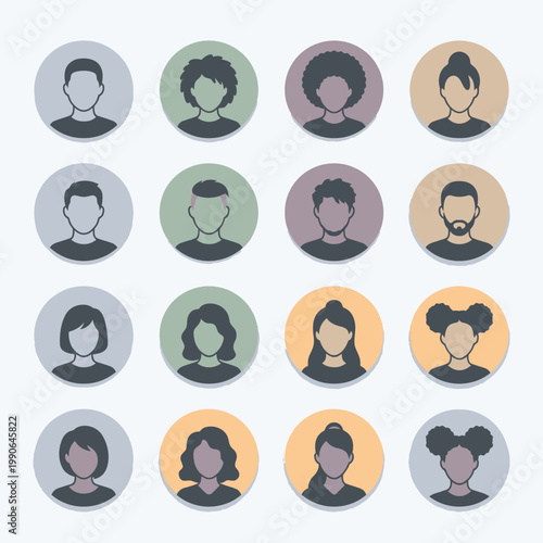 Diverse user profile icons collection with various hairstyles and face silhouettes for web and mobile interfaces