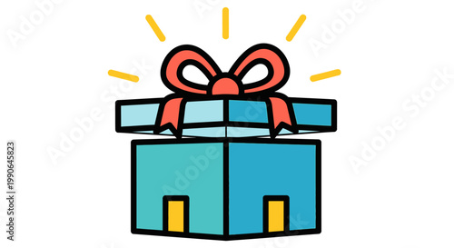 A beautifully illustrated gift box with a shining effect, presenting a sense of excitement and celebration. The box is adorned with a decorative ribbon on top