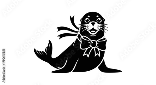 A charming seal illustration adorned with a decorative bow, ideal for various design uses. The seal's happy expression and bow create a playful image.