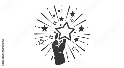 Reaching for a star. A hand is reaching for a five-pointed star in a black and white graphic. The star is surrounded by a burst of lines and other stars