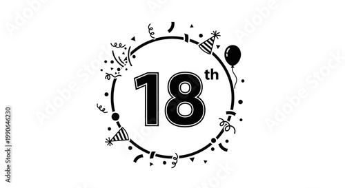 A celebratory graphic with the number 18, symbolizing an anniversary or birthday. The design includes party elements like a balloon and confetti, all encircled. 