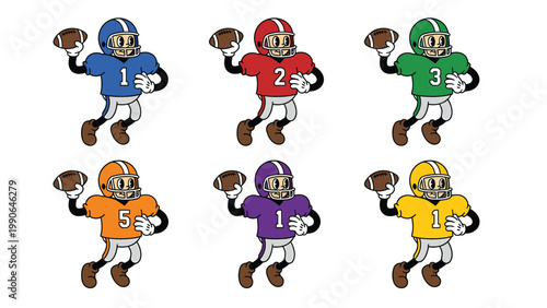 Retro Cartoon American Football Players Set with Colorful Uniforms and Helmets