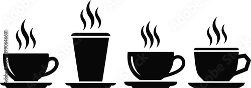 Minimalist coffee cup icons set, black steaming hot drink silhouettes, 4 vector cafe beverage elements, morning espresso and tea mug collection