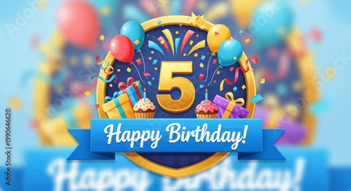A vibrant birthday illustration celebrating a fifth year with a festive design and celebratory elements