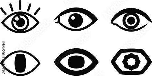 Minimalist human eye icons set, black eyeball and pupil vector symbols, 6 vision and sight graphic elements for web interface and medical design
