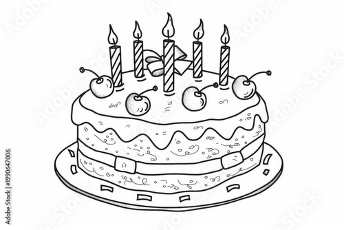 Coloring page cake cherries candles cartoon lineart outline black white kids simple minimal design printable