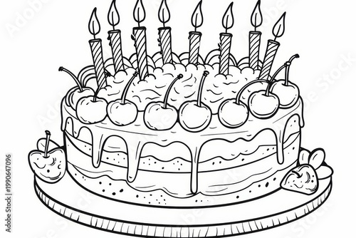 Coloring page cake cherries candles cartoon lineart outline black white kids simple minimal design printable
