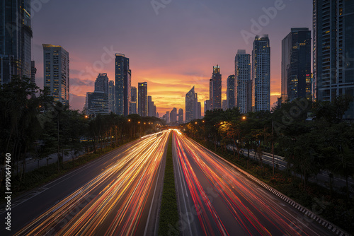 Urban skyline sunset with long exposure traffic trails on busy city highway surrounded by tall modern buildings and trees under colorful sky