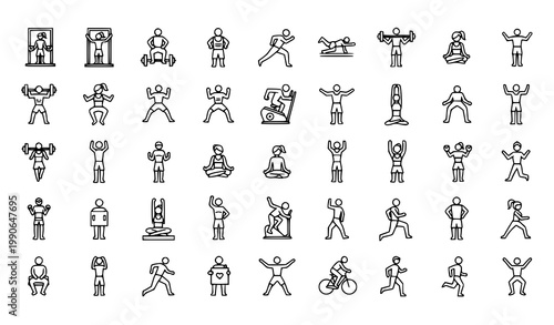 Fitness and exercise icons set - diverse activities and poses with line art stick figure exercise activity wellness training bodybuilding aerobics meditation strength stretching lifestyle