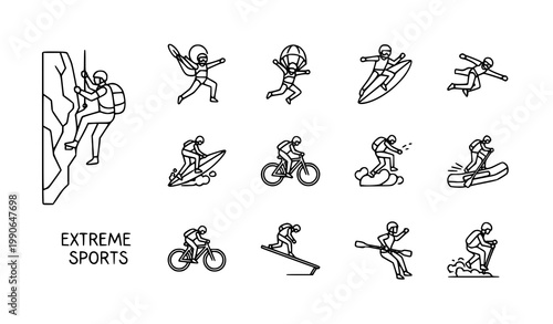 Extreme sports icons - thrill activities collection with rock climbing mountain biking line art collection activities adventure paragliding wakeboarding kayaking skateboarding snowboarding