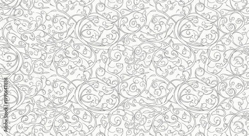 Intricate grey curvilinear vine pattern with delicate floral elements