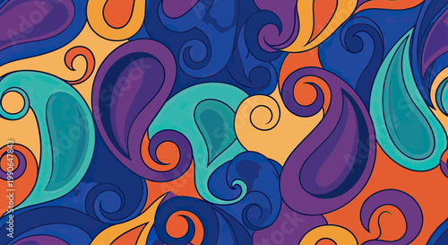 Vibrant paisley and swirl pattern with deep blues, purples, teals, and oranges