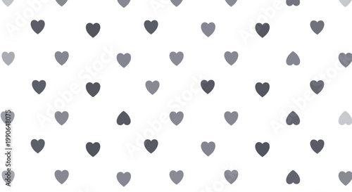 A repeating pattern of scattered hearts in various shades of grey on a white background