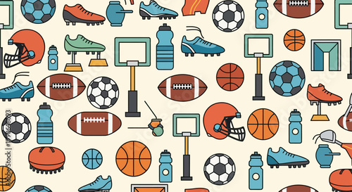 Sports equipment footballs, basketballs, soccer balls, cleats, helmets, bottles