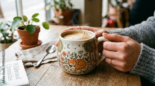 Coffee Comfort and Cozy Moments: A person holds a mug of coffee in a warm, inviting setting, accompanied by a small plant and a book. This image captures the essence of relaxation and tranquility.