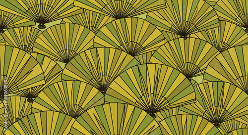 A repeating pattern of stylized, segmented fans in shades of green and gold