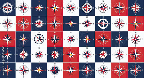 A mosaic of directional compasses in red, white, and blue squares
