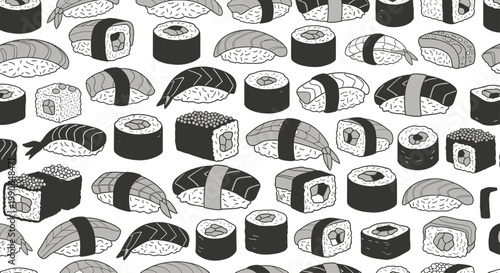 Black and white illustration of a repeating pattern of various sushi pieces