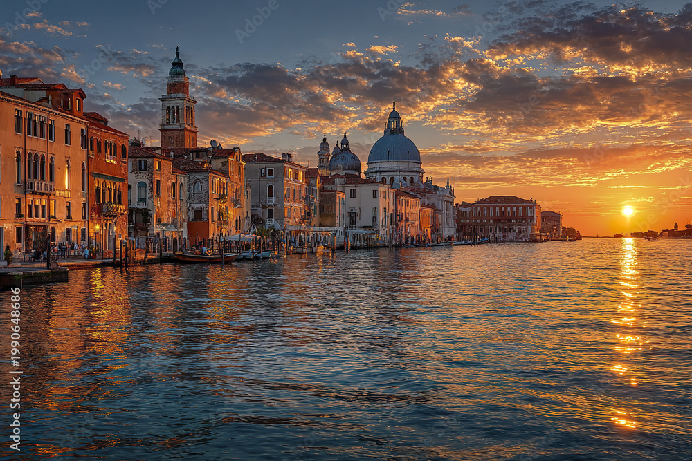 Fototapeta premium Venice Italy cityscape at sunset with historic buildings reflecting on water under dramatic cloudy sky, creating warm and peaceful atmosphere by lagoon