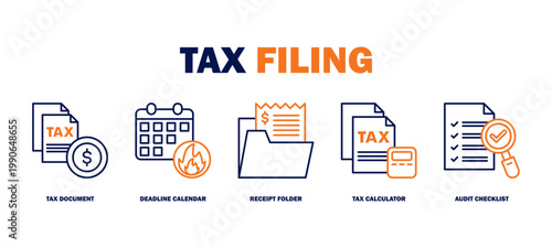 tax filing banner web icon vector illustration featuring icons of tax document, deadline calendar, receipt folder, tax calculator, audit checklist.
