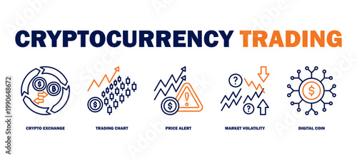 cryptocurrency trading banner web icon vector illustration featuring icons of crypto exchange, trading chart, price alert, market volatility, digital coin.