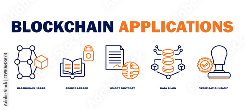 blockchain applications banner web icon vector illustration featuring icons of blockchain nodes, secure ledger, smart contract, data chain, verification stamp.