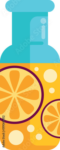 Colorful illustration of a citrus juice bottle filled with bright orange slices